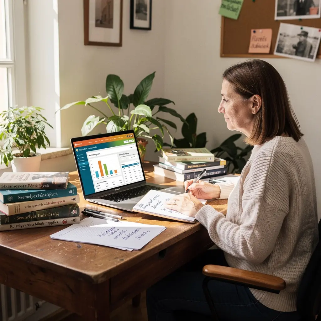 Különböző pénzügyi könyvek sorakoznak egy polcon, mindegyik címével láthatóan a pénzügyi tudatosságot segítve.